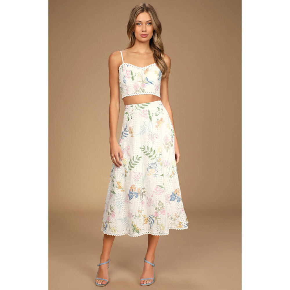 Lulus Sweet At Heart White Floral Embroidered Two-piece Midi Dress - Size M